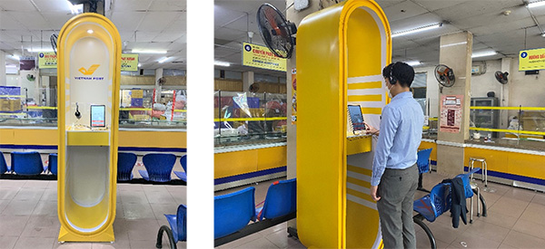 日立がベトナムポストに設置するタブレット型端末。農村部で金融サービスを申し込めるようにする（同社提供）